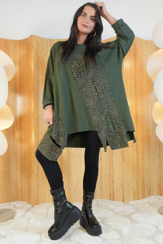 Leopard Panel Top Khaki